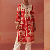 Ravleen Red Printed Long Rayon Kurta