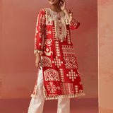 Ravleen Red Printed Long Rayon Kurta