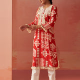 Ravleen Red Printed Long Rayon Kurta