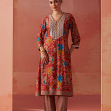 Shibra Brick Red Printed Rayon Kurta Set