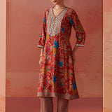 Shibra Brick Red Printed Rayon Kurta Set