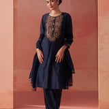 Shirin Navy Blue Chanderi Embroidered Kurta Set for Women