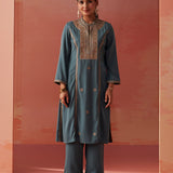 Simra Smokey Blue Embroidered Rayon Co-ord Set for Women