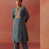 Simra Smokey Blue Embroidered Rayon Co-ord Set for Women