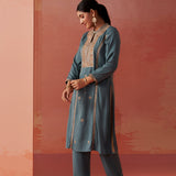 Simra Smokey Blue Embroidered Rayon Co-ord Set for Women