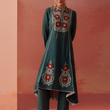 Karima Green Embroidered Viscose Kurta Set for Women