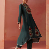 Karima Green Embroidered Viscose Kurta Set for Women