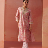 Rumaisa Pink Printed Chanderi Jacquard A-Line Zari Embroidery Co-ord Set