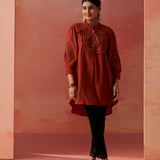 Saba Rust Cotton Linen Embroidered Top for Women