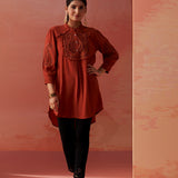 Saba Rust Cotton Linen Embroidered Top for Women