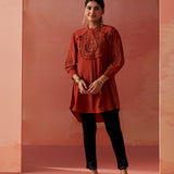 Saba Rust Cotton Linen Embroidered Top for Women