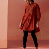 Saba Rust Cotton Linen Embroidered Top for Women