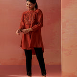 Saba Rust Cotton Linen Embroidered Top for Women