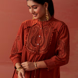 Saba Rust Cotton Linen Embroidered Top for Women