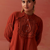 Saba Rust Cotton Linen Embroidered Top for Women