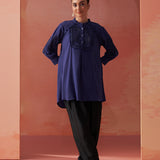 Saba Indigo Cotton Linen Embroidered Top for Women