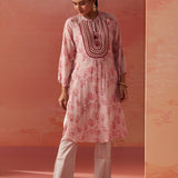 Sana Light Pink Printed Chiffon Embroidered Straight Kurti