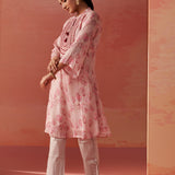 Sana Light Pink Printed Chiffon Embroidered Straight Kurti