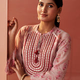 Sana Light Pink Printed Chiffon Embroidered Straight Kurti