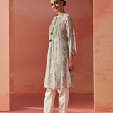 Sana Mint Green Printed Chiffon Embroidered Straight Kurti