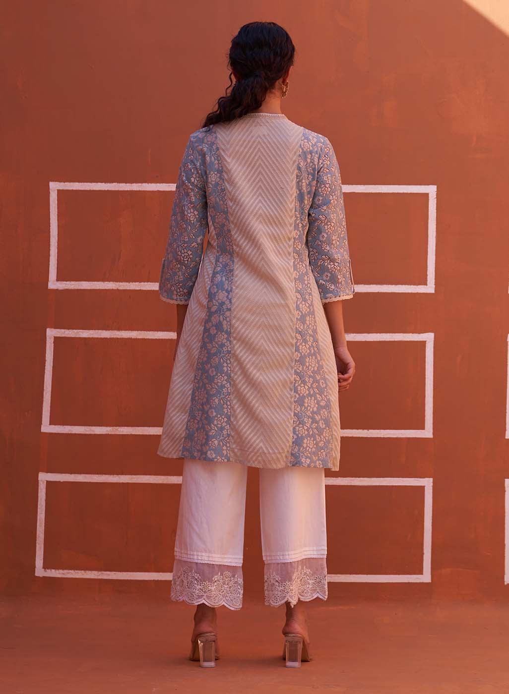 Blue schiffli A-Line Kurta with Yoke Sequins Work - Lakshita