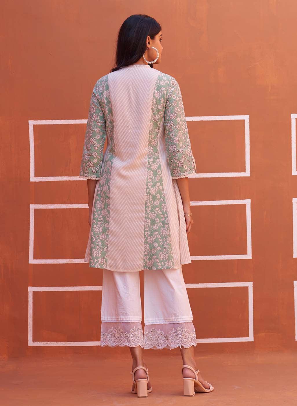 Green schiffli A-Line Kurta with Yoke Sequins Work - Lakshita