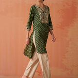 Kyra Army Green Printed Cotton Designer Kurta for Women