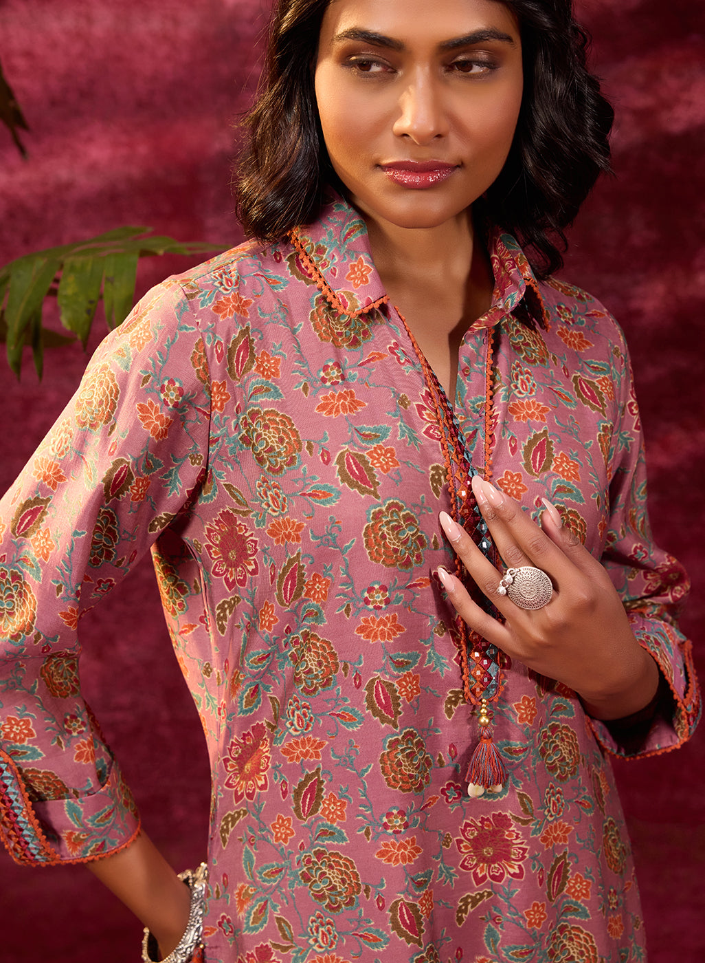 Close view of Noor Turkish Rose Pink Printed Cotton Tunic