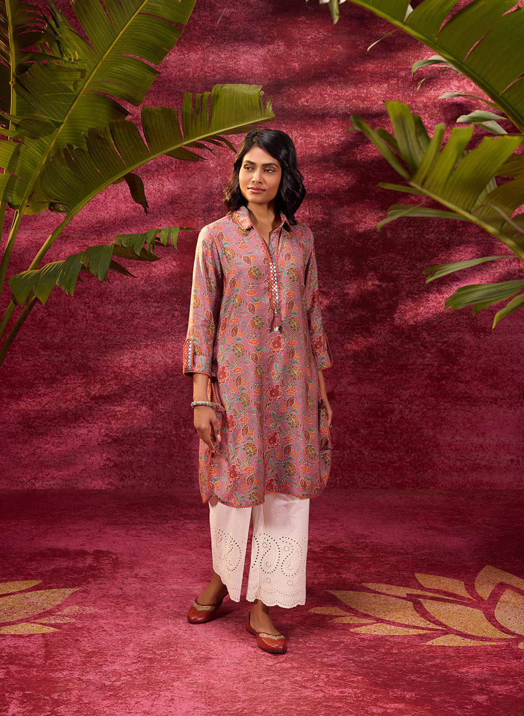 Full view of Noor Turkish Rose Pink Printed Cotton Tunic