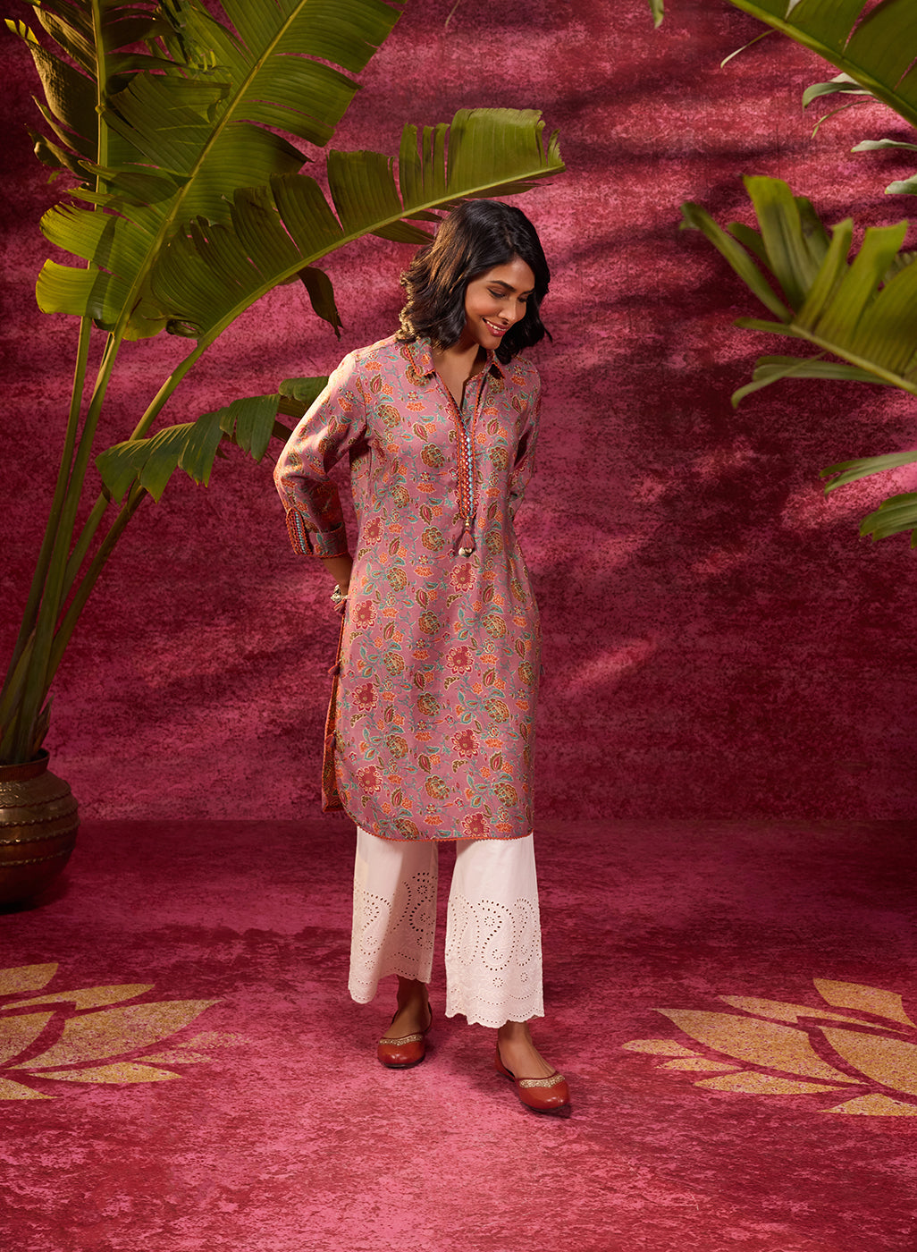 Noor Turkish Rose Pink Printed Cotton Tunic paired with white palazzo