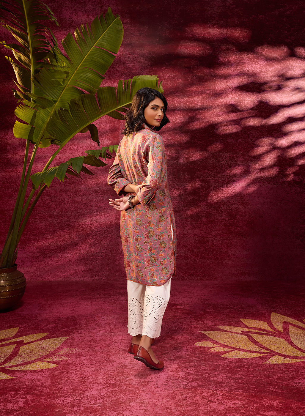 Back view of Noor Turkish Rose Pink Printed Cotton Tunic