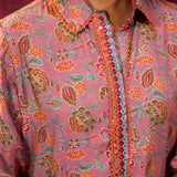 Close up view of the embroidery on Noor Turkish Rose Pink Printed Cotton Tunic