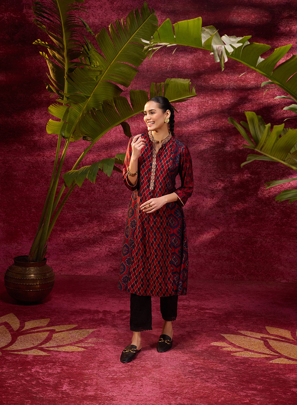 Taara Maroon Printed Viscose Silk Indo-Western Dress paired with black pants and black loafers