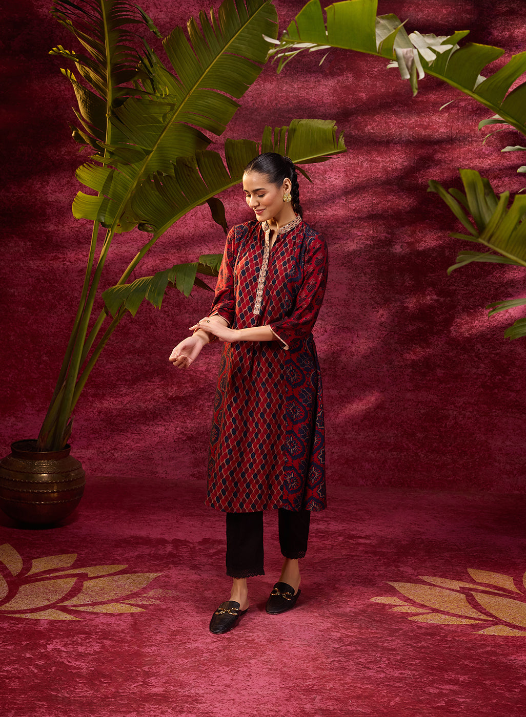 Wide view of Taara Maroon Printed Viscose Silk Indo-Western Dress