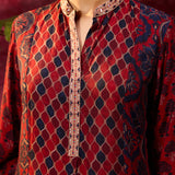 Close-up view of Taara Maroon Printed Viscose Silk Indo-Western Dress 