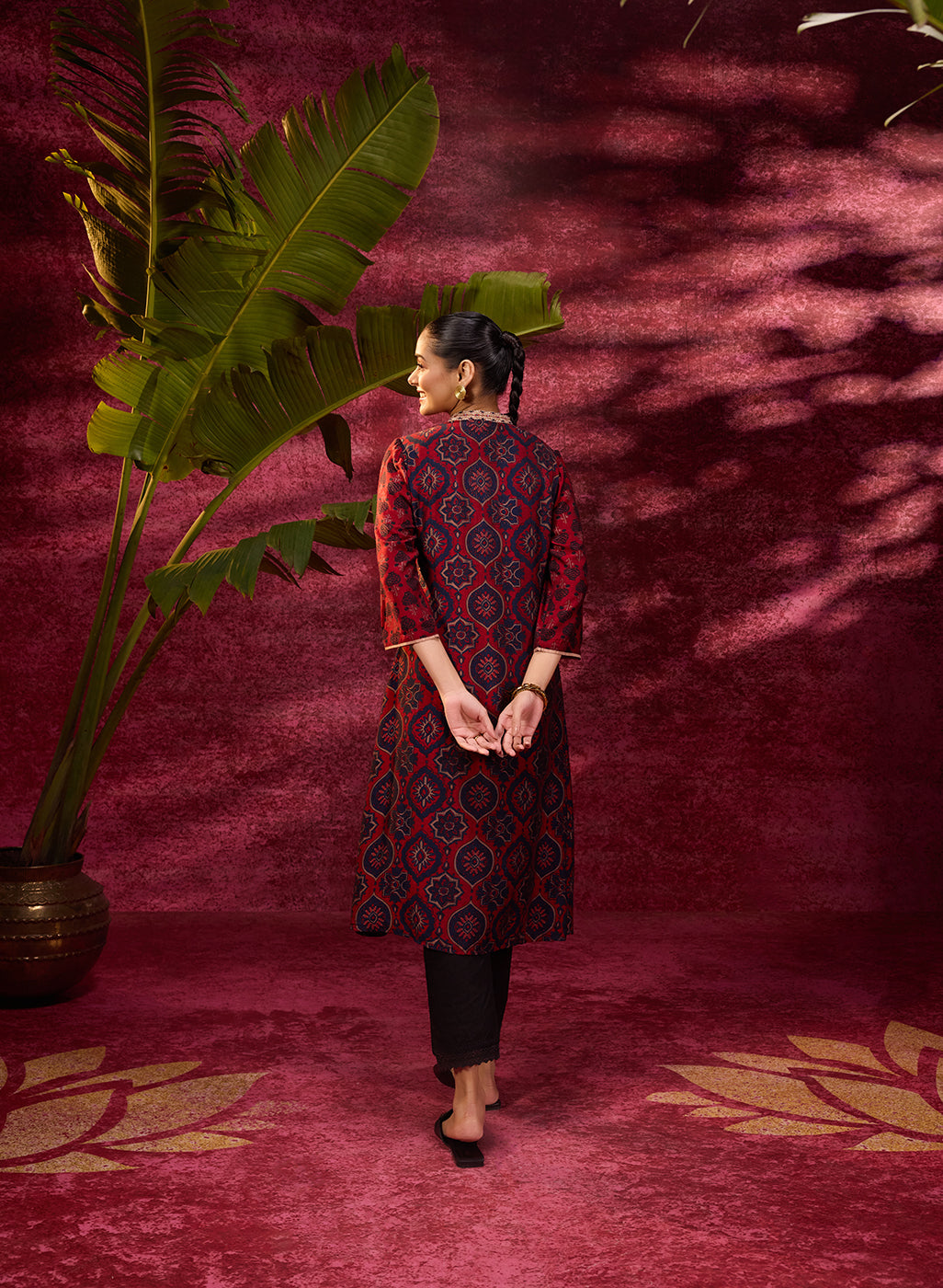 Back view of Taara Maroon Printed Viscose Silk Indo-Western Dress