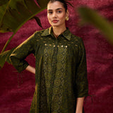 Bottle Green Printed Chanderi Long Shirt For Women