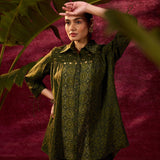 Bottle Green Printed Chanderi Long Shirt For Women