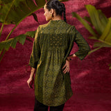 Bottle Green Printed Chanderi Long Shirt For Women