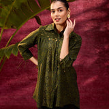 Bottle Green Printed Chanderi Long Shirt For Women