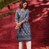 Afreen Gravel Blue Embroidered Cotton Designer Kurta