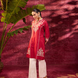 Zeenat Red Embroidered Striped Cotton Designer Kurta for Women