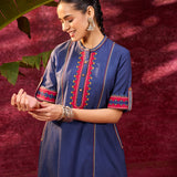 Grace Navy Blue Embroidered Tunic Set