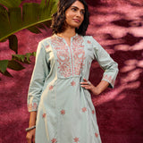 Gulaab Aqua Embroidered Cotton Linen Kurta Set for Women