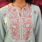 Gulaab Aqua Embroidered Cotton Linen Kurta Set for Women
