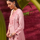 Gulaab Rose Pink Embroidered Cotton Linen Kurta Set for Women