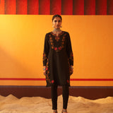 Black Woolen Kurta for Women with Thread Work and Lace Detailing