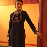 Dark Blue Women’s Woollen Kurti with Embroidered Yoke and Button Detailing on Cuffs