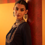 Dark Blue Women’s Woollen Kurti with Embroidered Yoke and Button Detailing on Cuffs