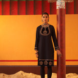 Dark Blue Women’s Woollen Kurti with Embroidered Yoke and Button Detailing on Cuffs